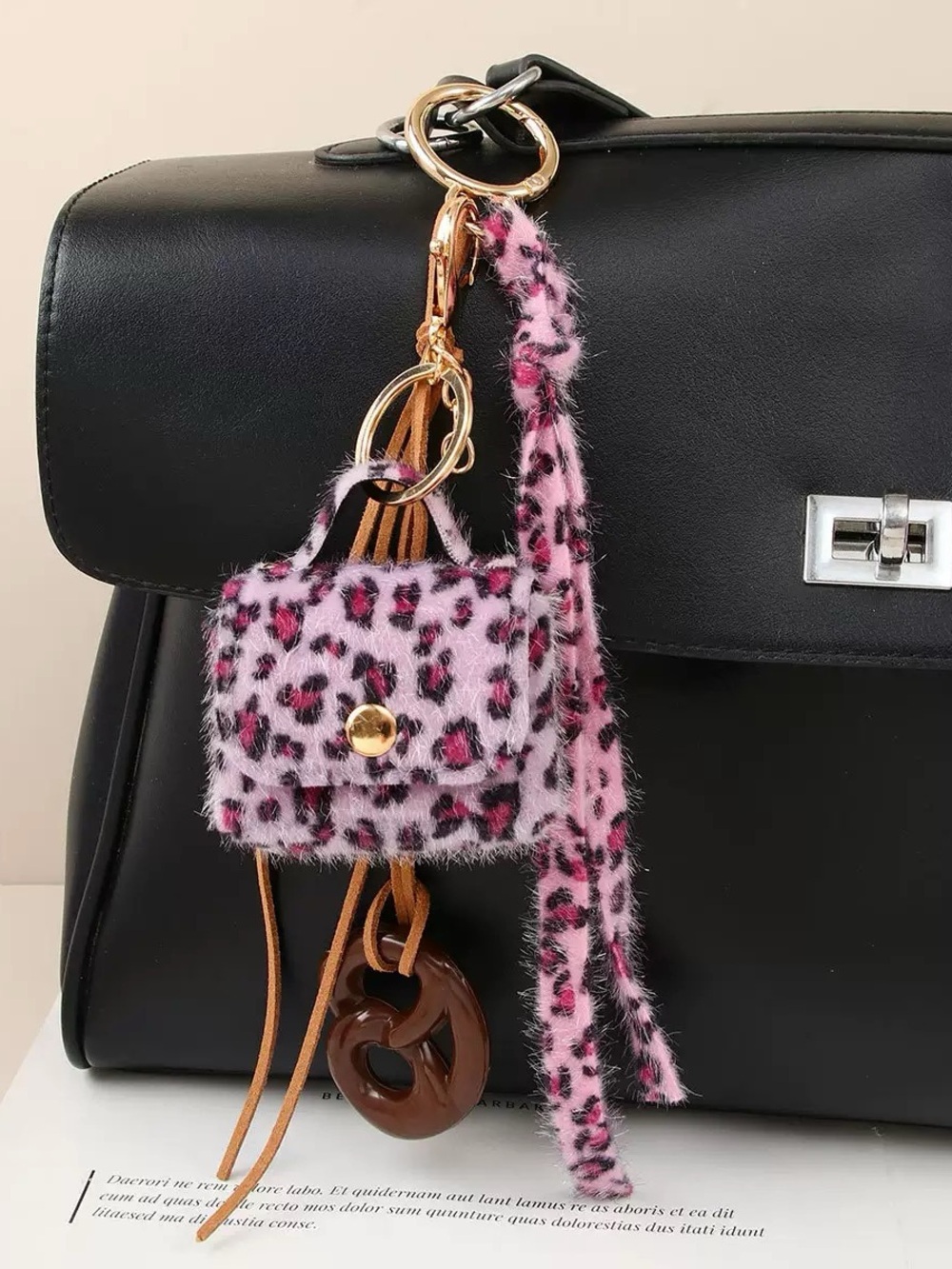 Faux Fur Pink Leopard Mini Bag Charm Keychain with AirPods bag
